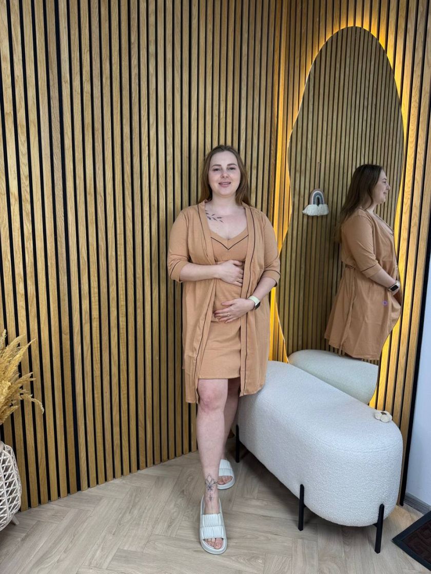 ❤ Комплект сорочка та халат для годування, 56-58 "Кант". Колір - Пісочний з шоколадним кантом (#1268610) ✓ Anna Konvert