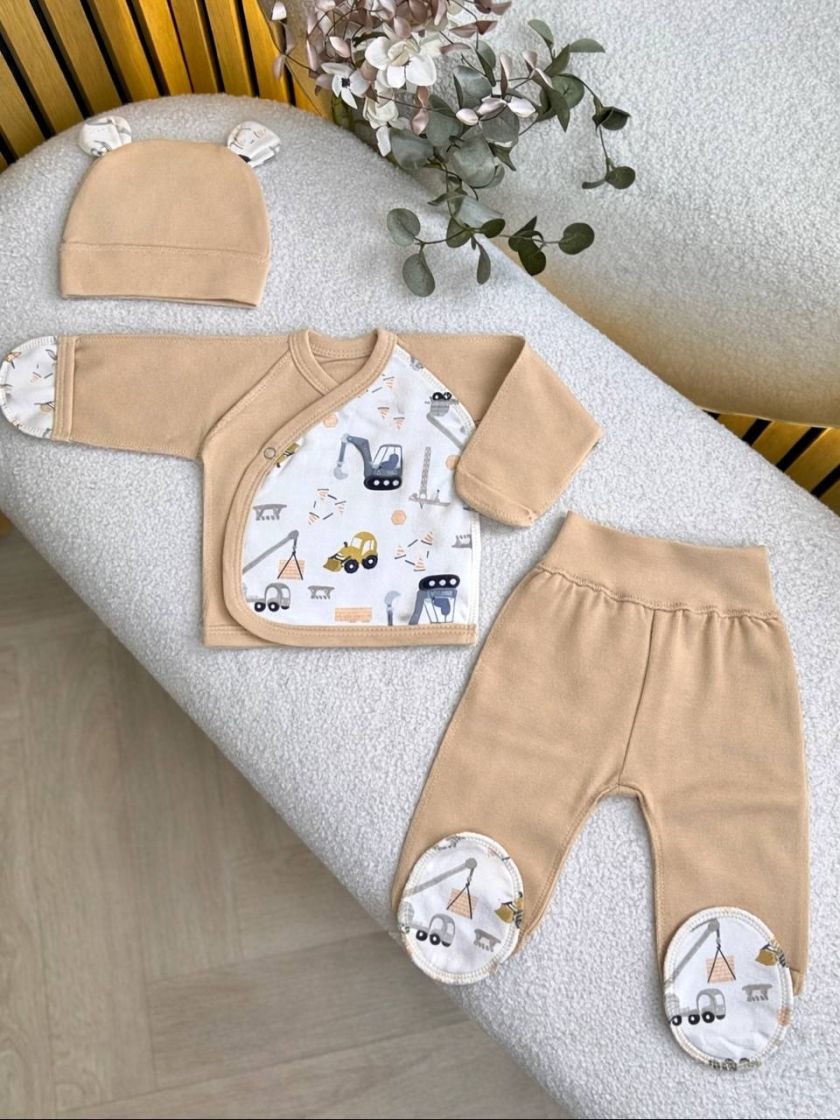 ❤ Комплект 3ка з сорочкою байка, БО. Принт - Транспорт бежевий. Розмір - 56см (#83287315) ✓ Anna Konvert