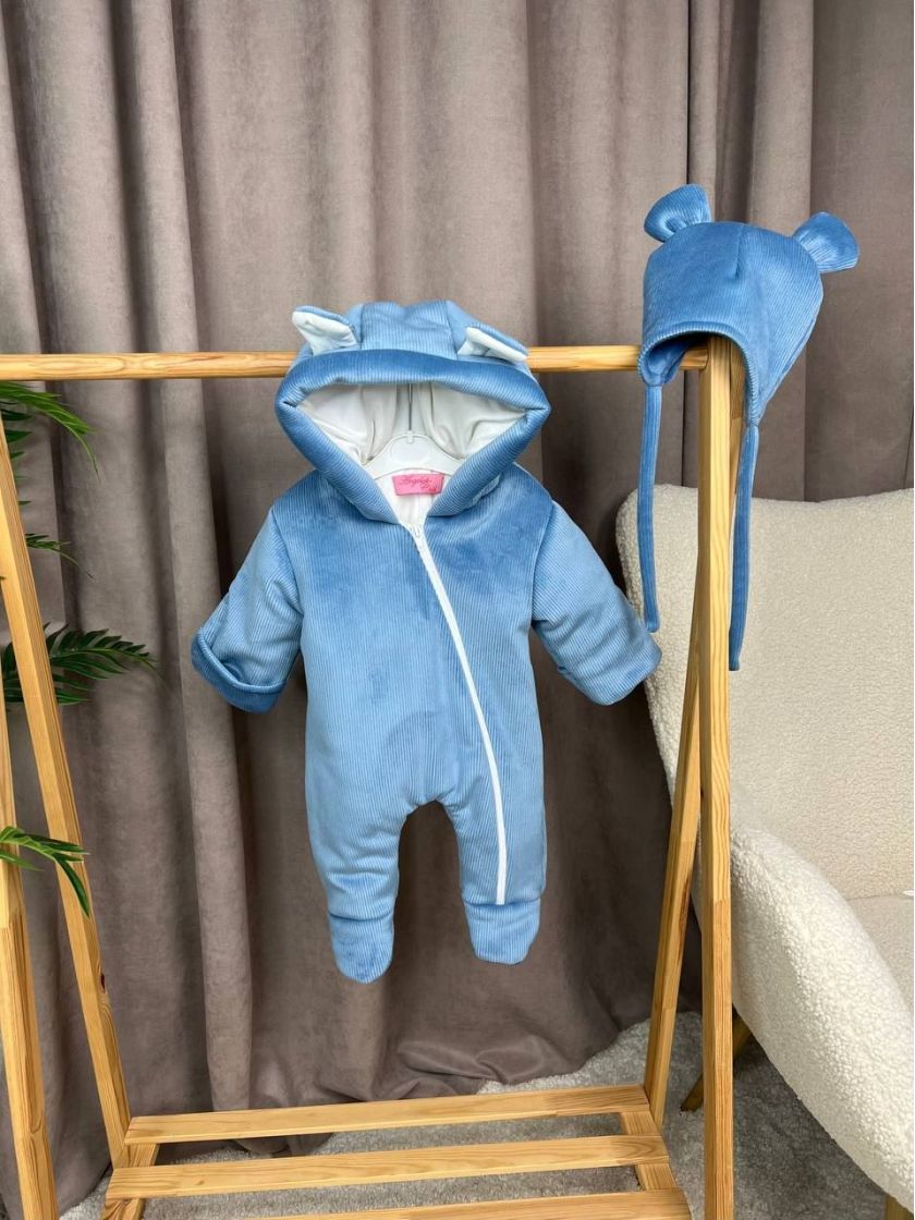 ❤ Демісезонний комбінезон з шапочкою, велюровий в смужку, 0-4 міс. Колір - Синій (#21619892) ✓ Anna Konvert