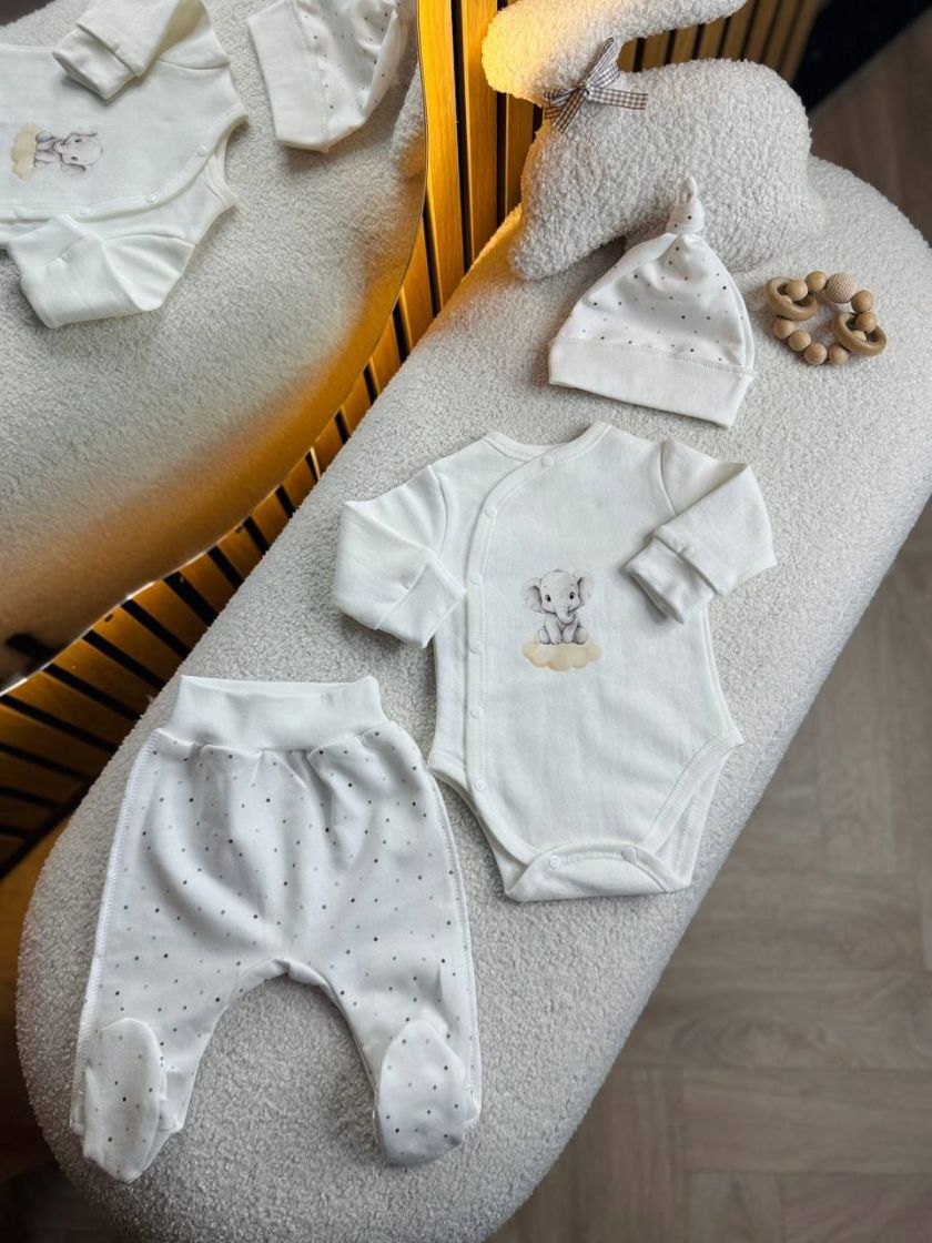 ❤ Комплект 3ка з боді на байці "Smile". Колір - Молочний зі слоненятком. Розмір - 62 (#9087718) ✓ Anna Konvert
