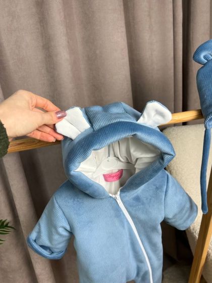 ❤ Демісезонний комбінезон з шапочкою, велюровий в смужку, 0-4 міс. Колір - Синій (#21619892) ✓ Anna Konvert 2