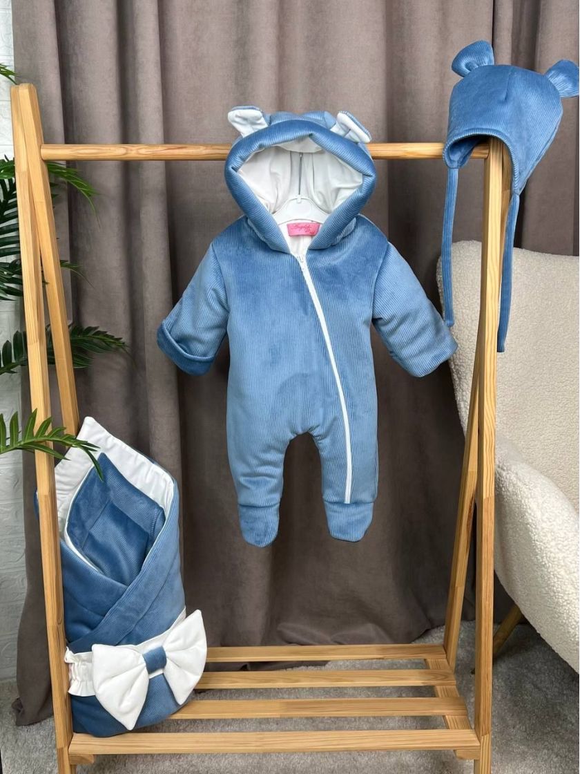 ❤ Демісезонний комбінезон з шапочкою, велюровий в смужку, 0-4 міс. Колір - Синій (#21619892) ✓ Anna Konvert