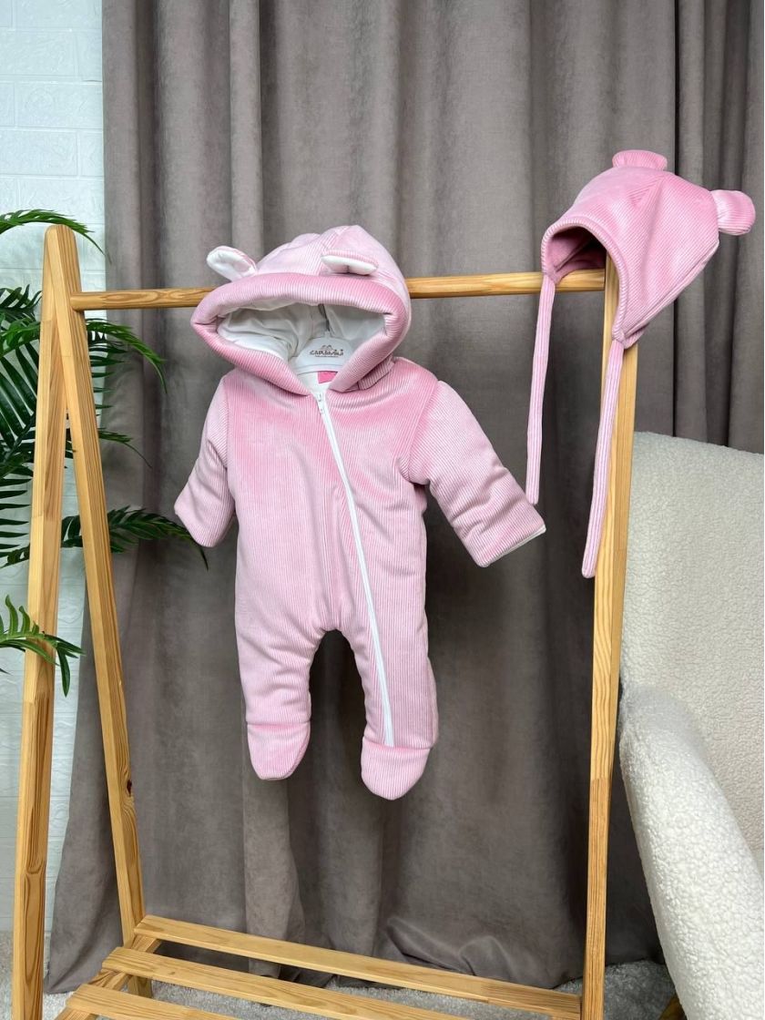 ❤ Демісезонний комбінезон з шапочкою, велюровий в смужку, 0-4 міс. Колір - Пильна троянда (#42826336) ✓ Anna Konvert