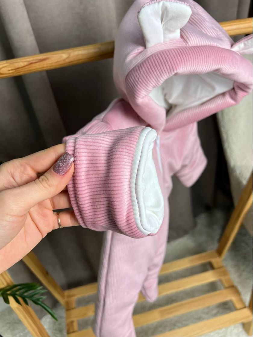 ❤ Демісезонний комбінезон з шапочкою, велюровий в смужку, 0-4 міс. Колір - Пильна троянда (#42826336) ✓ Anna Konvert