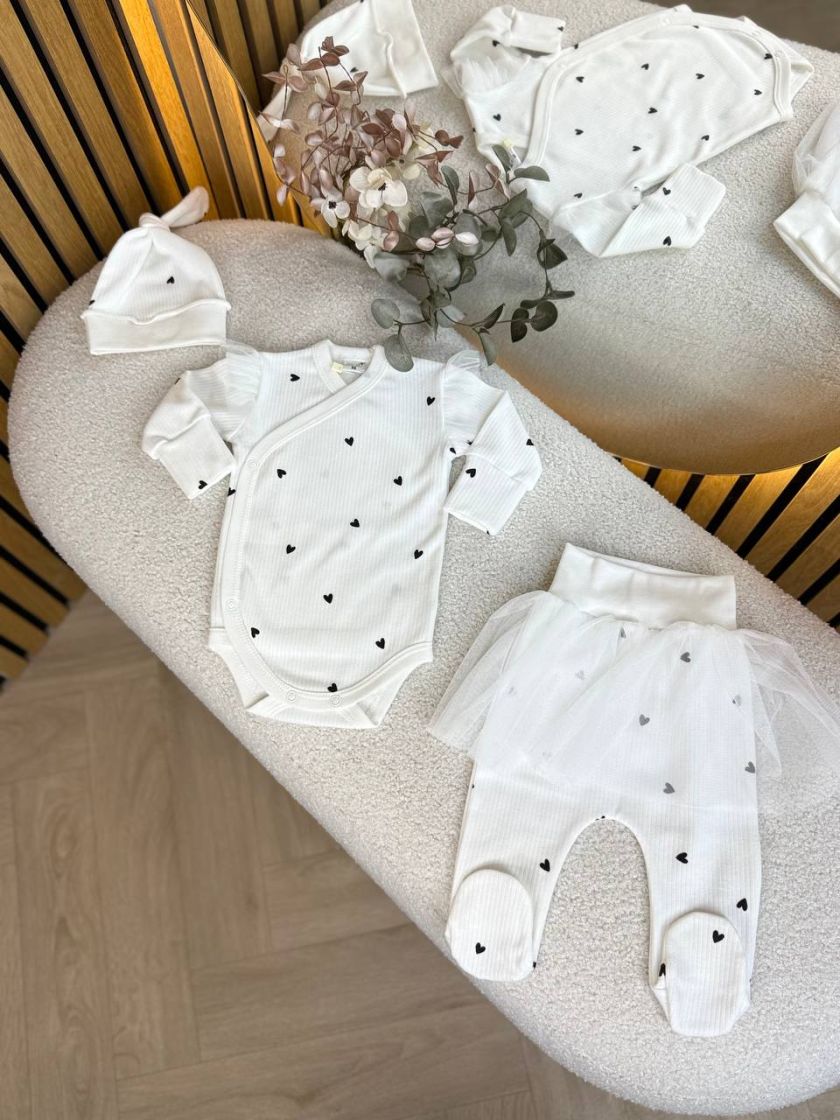 ❤ Комплект 3ка з боді та спідницею, інтерлок "Smile". Принт - Сердечка чорні на білому. Розмір - 56 (#64693717) ✓ Anna Konvert