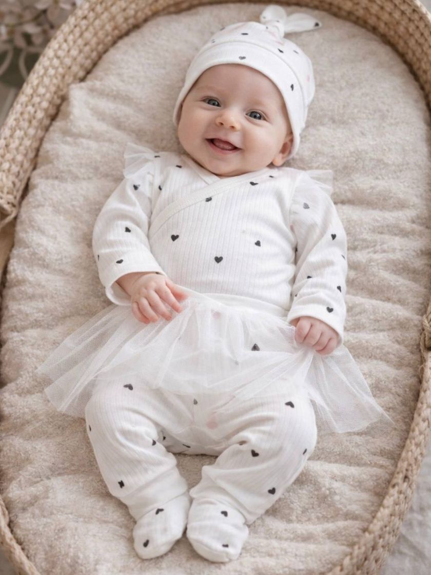 ❤ Комплект 3ка з боді та спідницею, інтерлок "Smile". Принт - Сердечка чорні на білому. Розмір - 56 (#64693717) ✓ Anna Konvert