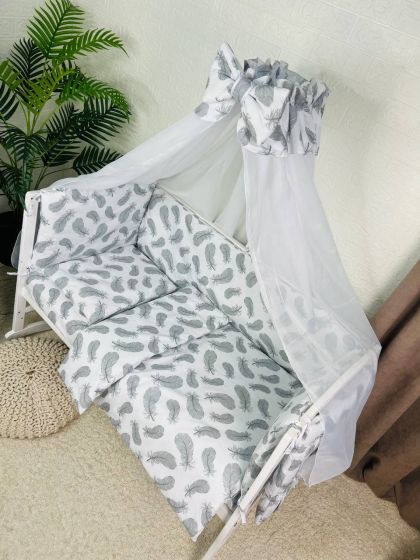 ❤ Набір у ліжко 9в1 суцільні. Принт - Пір'я сірі на білому (#64183173) ✓ Anna Konvert 2