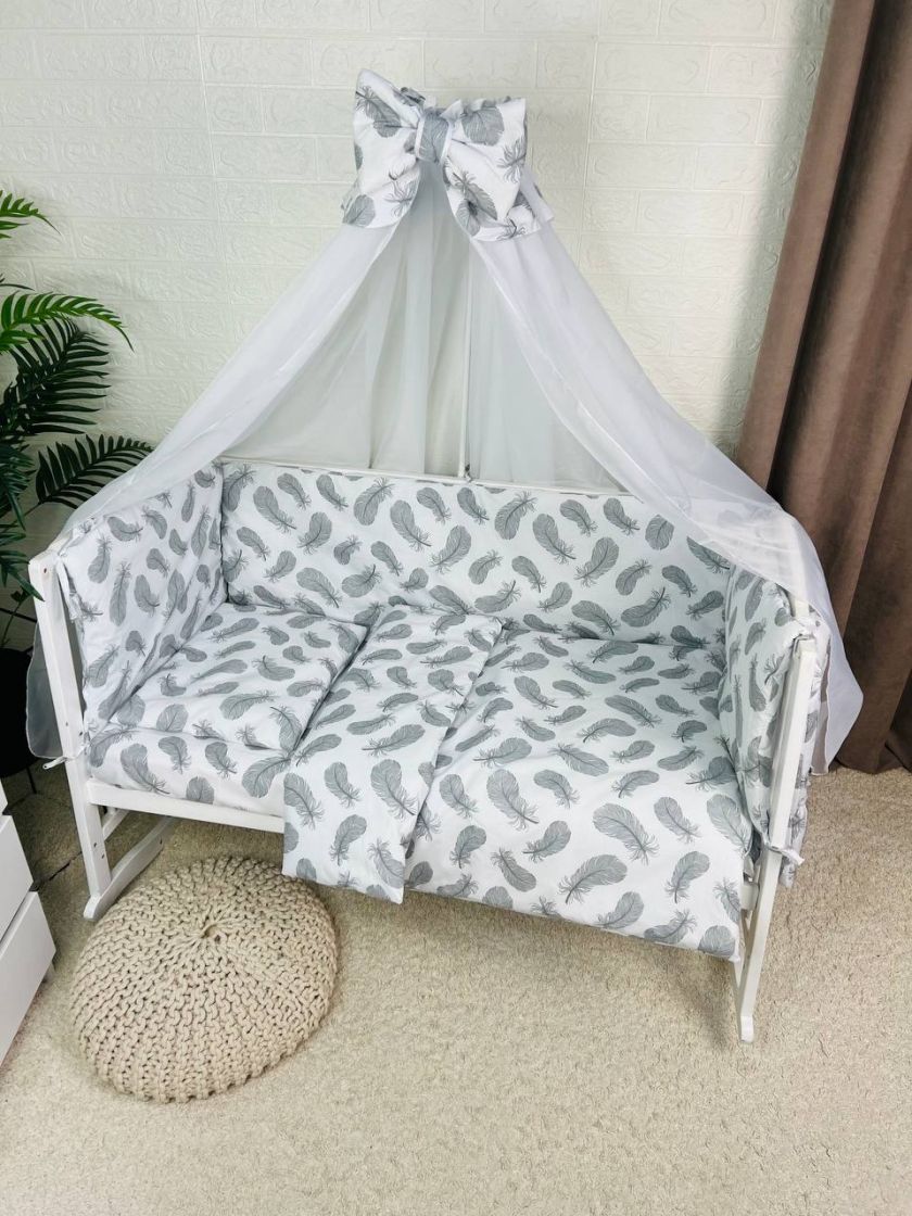 ❤ Набір у ліжко 9в1 суцільні. Принт - Пір'я сірі на білому (#64183173) ✓ Anna Konvert