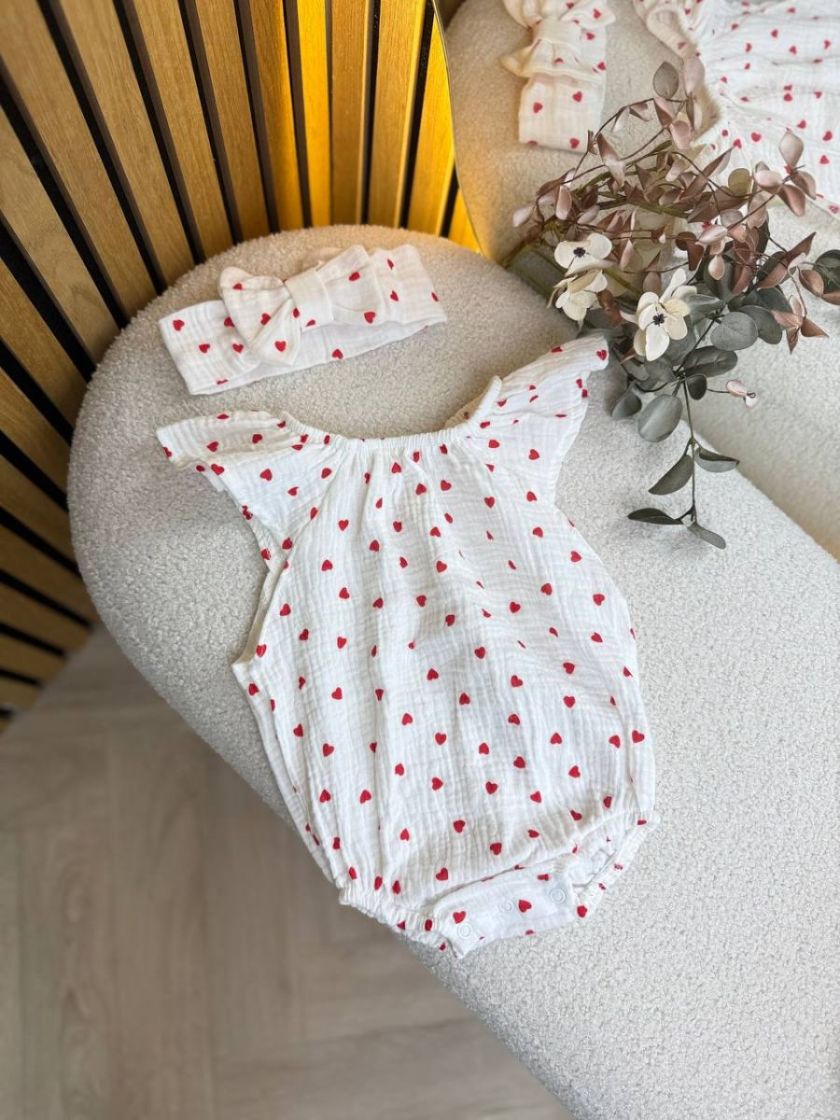 ❤ Муслінове боді з солошкою. Принт - Дрібні червоні серця. Розмір - 56-62 (#63889733) ✓ Anna Konvert