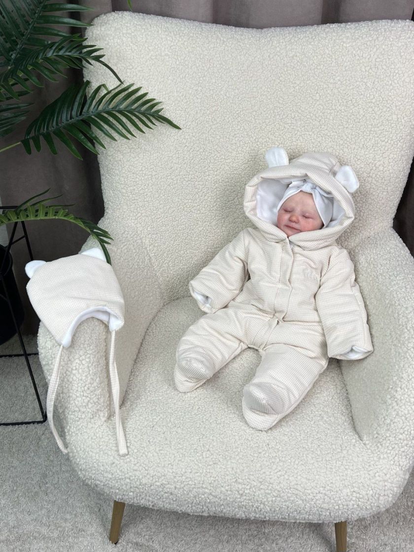 ❤ Демісезонний комбінезон з шапочкою, Вельвет на флісі, 0-4 міс. Колір - Молочний (#0013) ✓ Anna Konvert