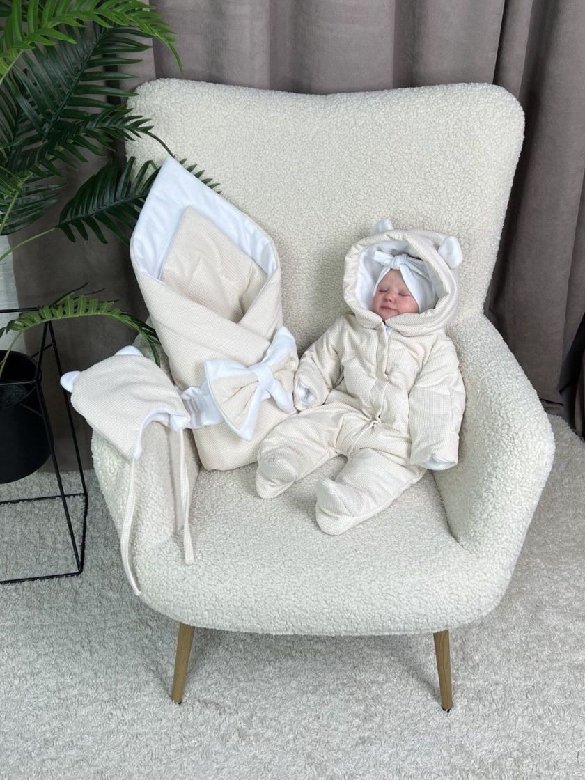 ❤ Демісезонний комбінезон з шапочкою, Вельвет на флісі, 0-4 міс. Колір - Молочний (#0013) ✓ Anna Konvert