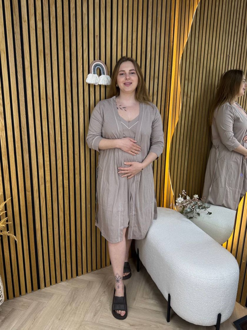 ❤ Комплект сорочка та халат для годування, 52-54 "Кант". Колір - Капучино з білим кантом (#22667534) ✓ Anna Konvert