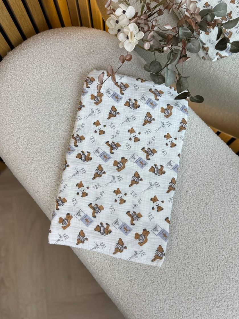 ❤ Пелюшки муслінові чотирьохшарові, жатка 70х100см. Принт - Ведмедик в піжамці (#16144145) ✓ Anna Konvert