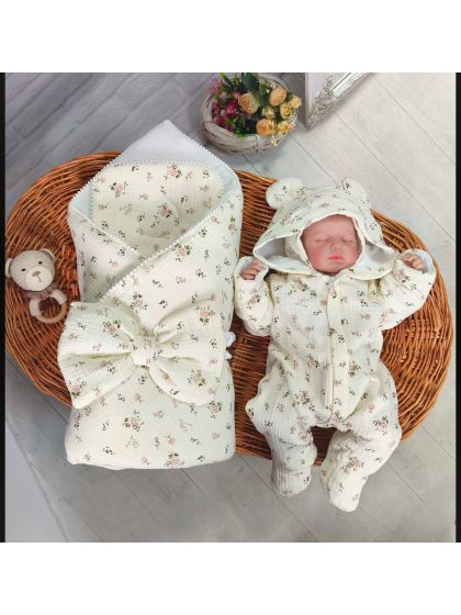 ❤ Мусліновий ромпер з шапочкою, 0-3 міс. Колір - Гілочки з квітами на пісочному (#14734290) ✓ Anna Konvert 2