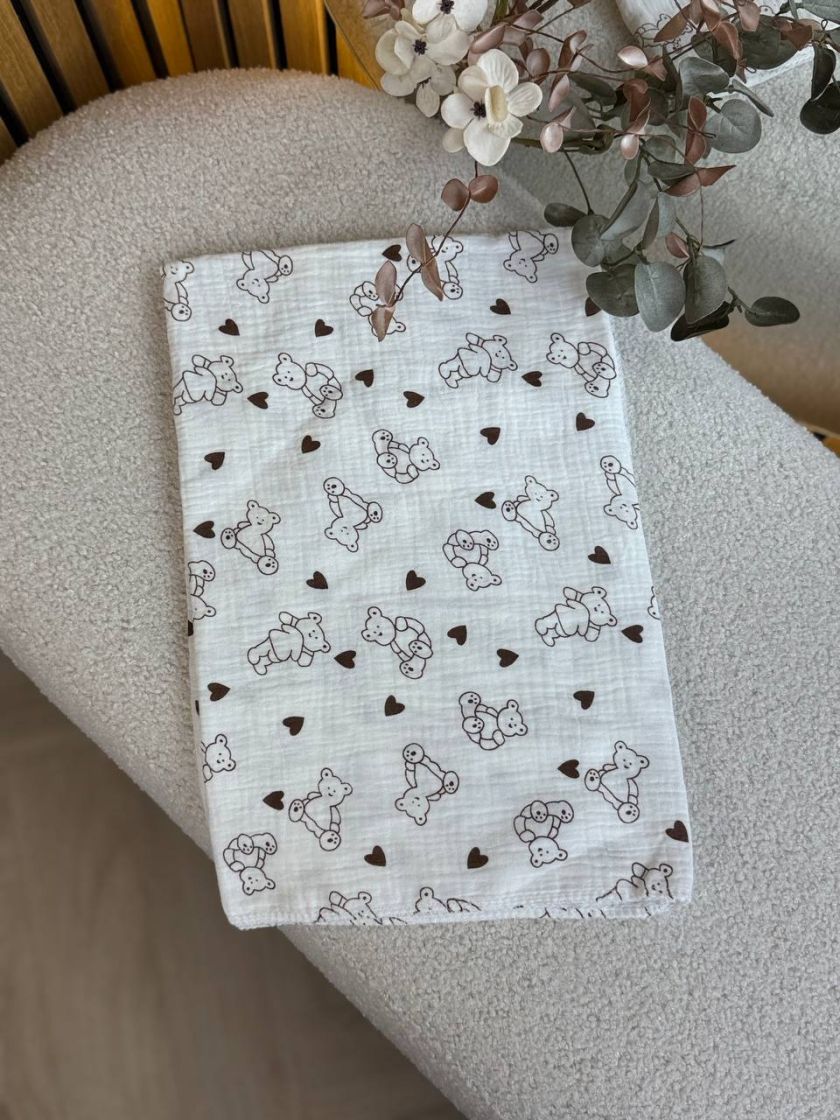 ❤ Пелюшки муслінові чотирьохшарові, жатка. Принт - Ведмедики контурні з сердечками. Розмір - 90*135см (#18152529) ✓ Anna Konvert