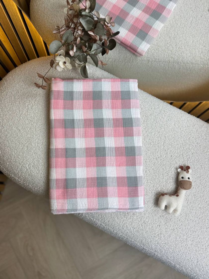 ❤ Пелюшки муслінові чотирьохшарові, жатка. Принт - Рожево-сірий в клітинку. Розмір - 90*135см (#85474458) ✓ Anna Konvert