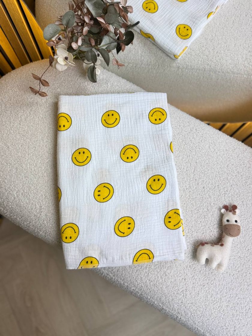 ❤ Пелюшки муслінові чотирьохшарові, жатка. Принт - Смайлики жовті. Розмір - 90*135см (#21935409) ✓ Anna Konvert