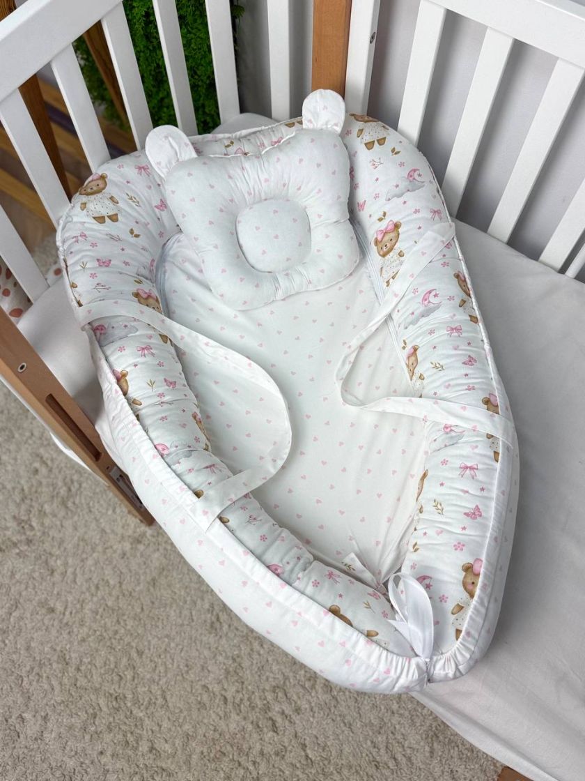 ❤ Кокон-гніздечко з ручками. Принт - Ведмедик в сукні,з бантиком,серця рожеві (#15278763) ✓ Anna Konvert