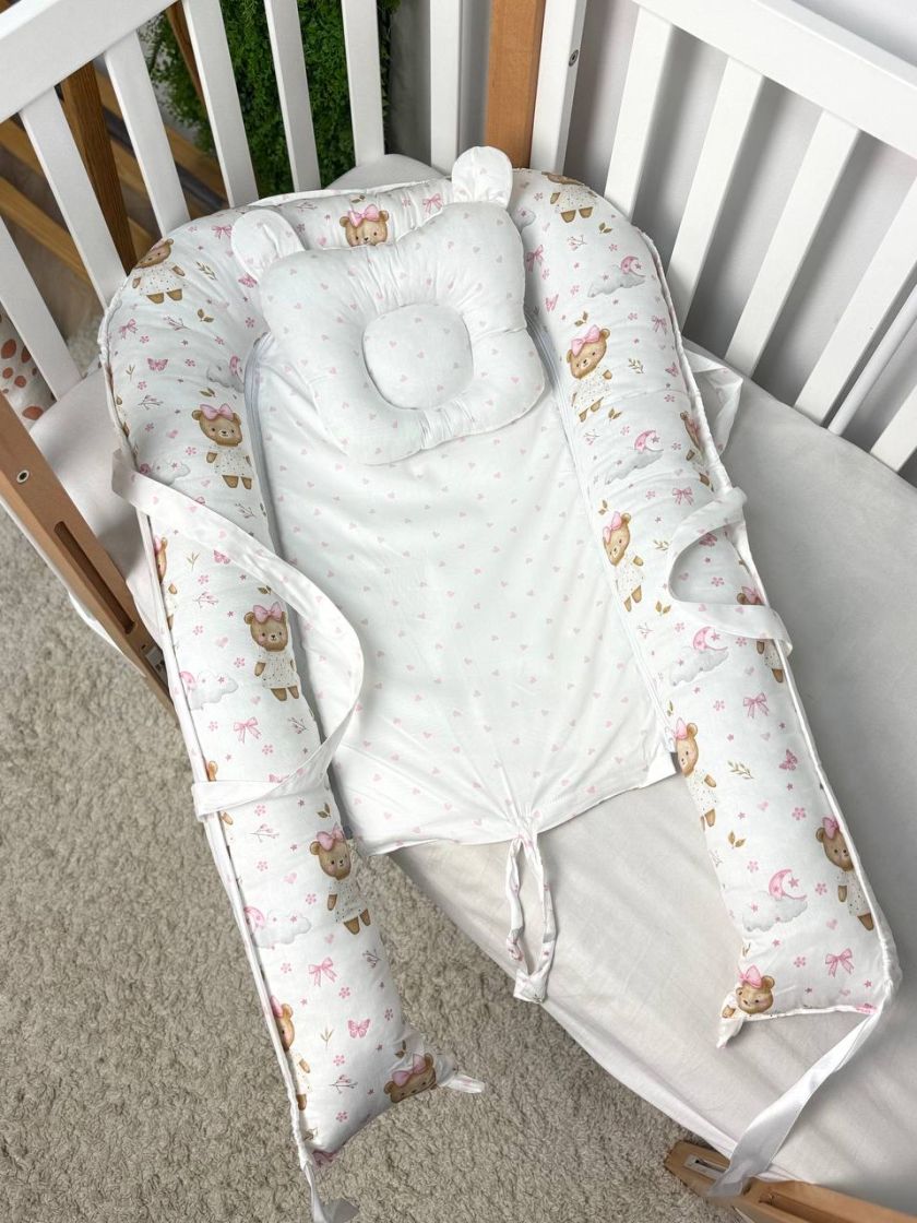 ❤ Кокон-гніздечко з ручками. Принт - Ведмедик в сукні,з бантиком,серця рожеві (#15278763) ✓ Anna Konvert