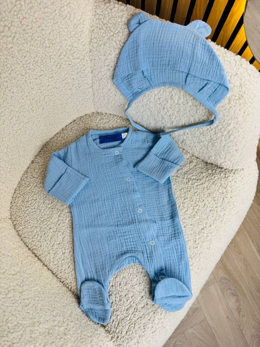 ❤ Мусліновий чоловічок з шапочкою. Принт - Блакитний однотон. Розмір - 56-62см (#2821851) ✓ Anna Konvert