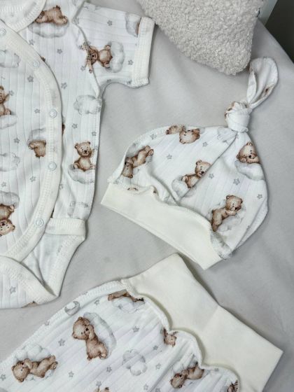 ❤ Комплект 3ка з боді з коротким рукавом, в рубчик. Принт - Ведмедик на хмаринці. Розмір - 56-62 (#63763716) ✓ Anna Konvert 2
