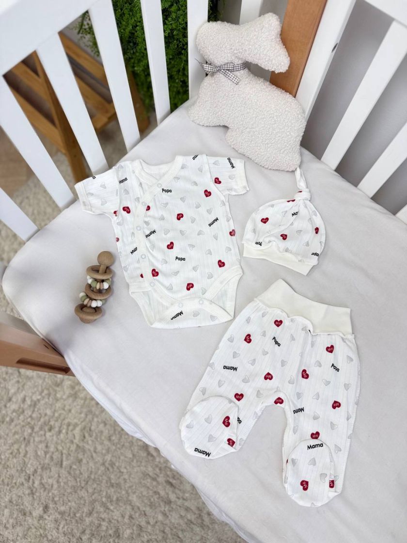 ❤ Комплект 3ка з боді з коротким рукавом, в рубчик. Принт - Сердечка Mama, Papa. Розмір - 56-62 (#1119308) ✓ Anna Konvert
