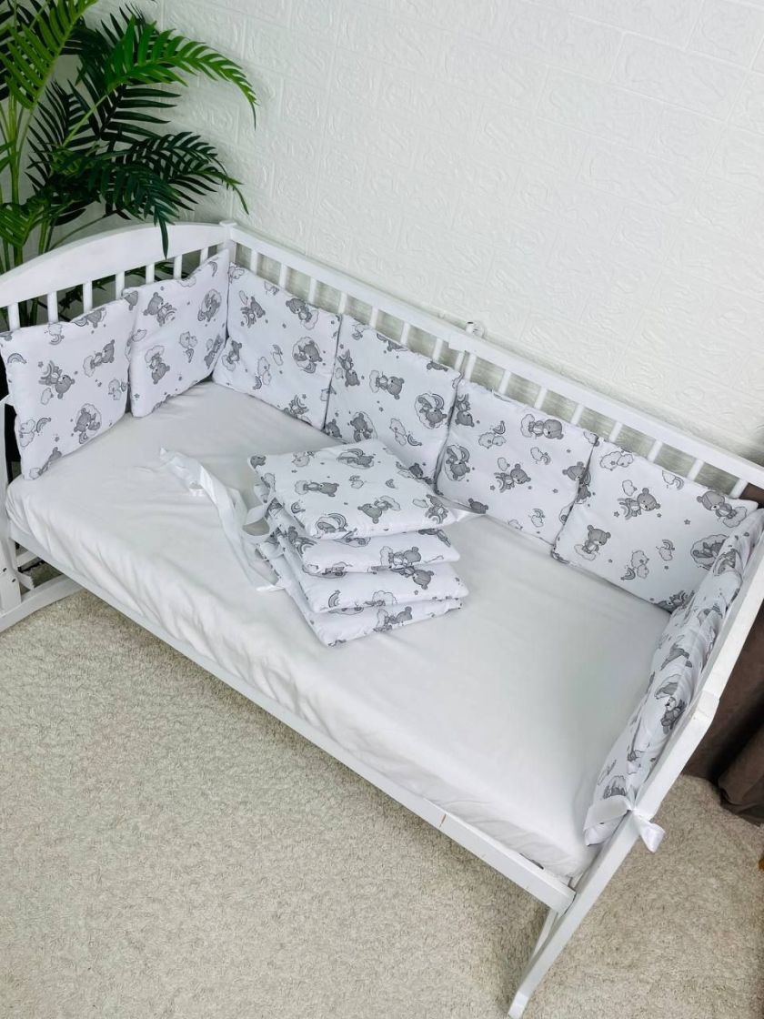 ❤ Бортики-подушки на 4 боки ліжечка, 12 подушок. Принт - Ведмедикі сплячі, невзрачні сірі (#19849326) ✓ Anna Konvert