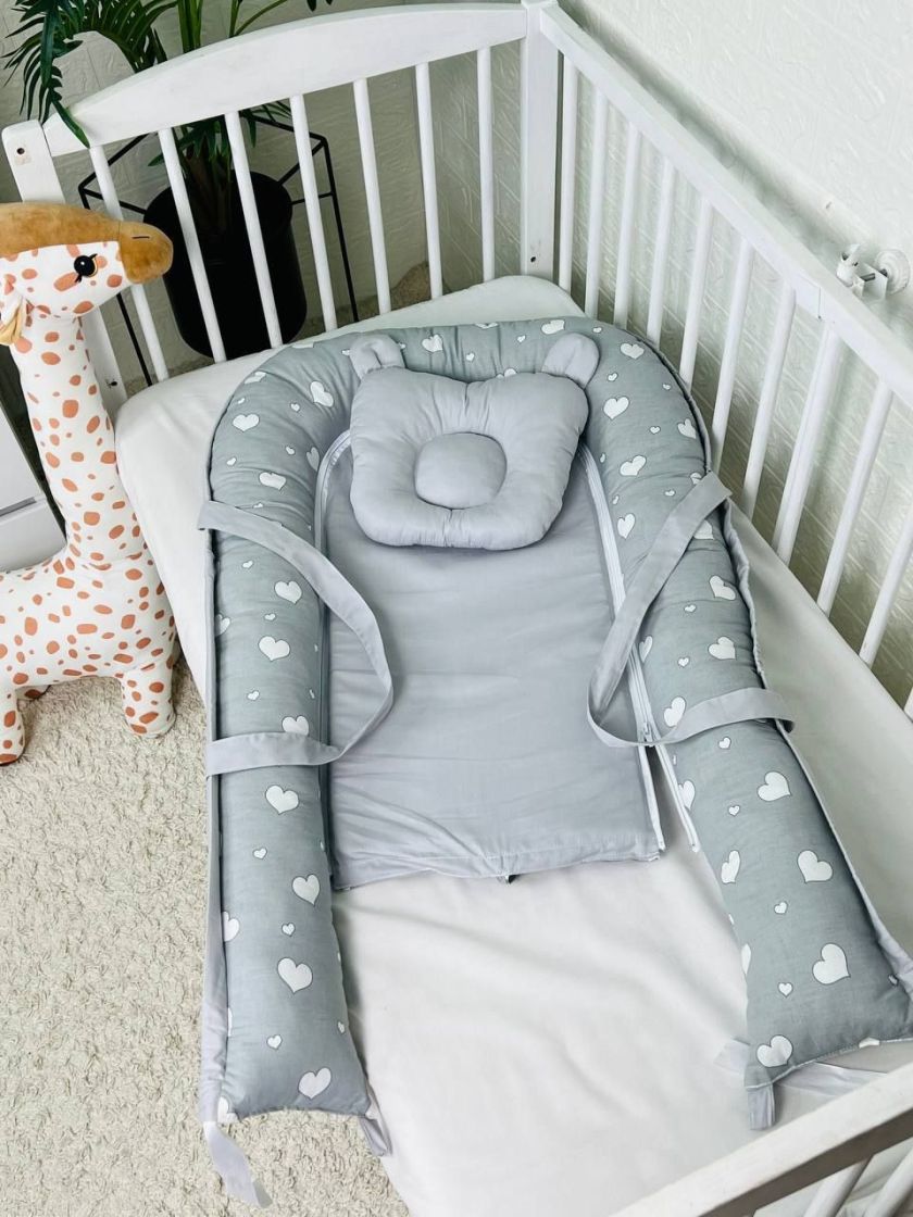 ❤ Кокон-гніздечко з ручками. Принт - Серця сірі, сірий однотон (#83352897) ✓ Anna Konvert