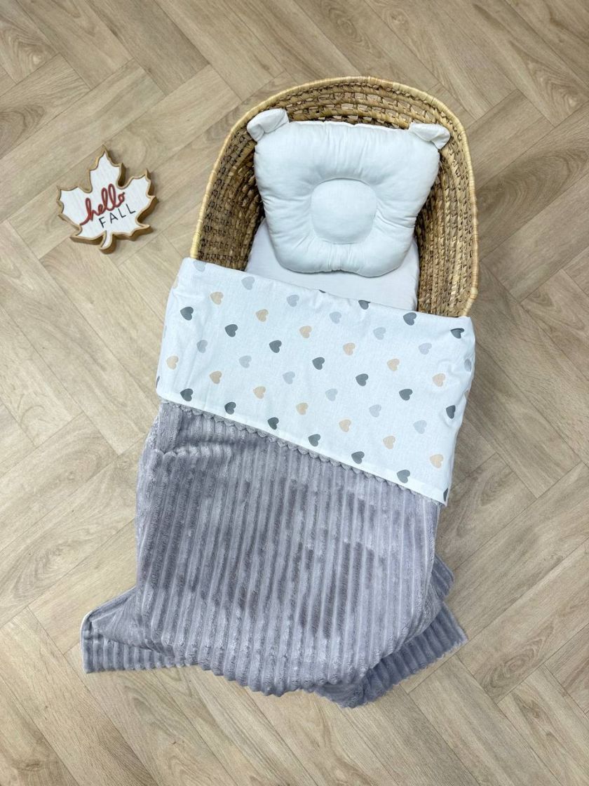 ❤ Плед в пологовий, мінкі плюш, без утеплювача, 100см на 80см. Колір, принт - Плюш смужка сірий, сердця сірі, беж (#98517450) ✓ 