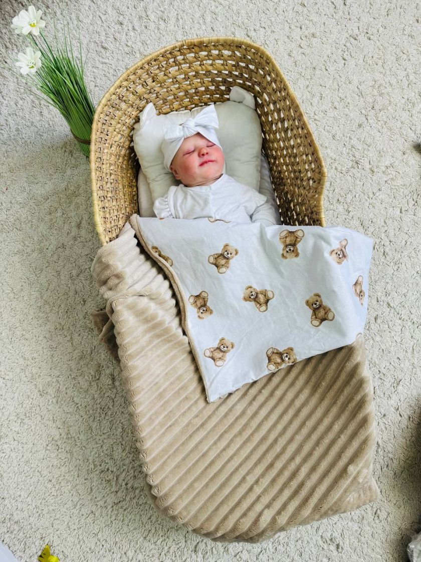 ❤ Плед в пологовий, мінкі плюш, без утеплювача, 100см на 80см. Колір, принт - Плюш смужка бежевий, ведмедики сядячі (#5002716) ✓