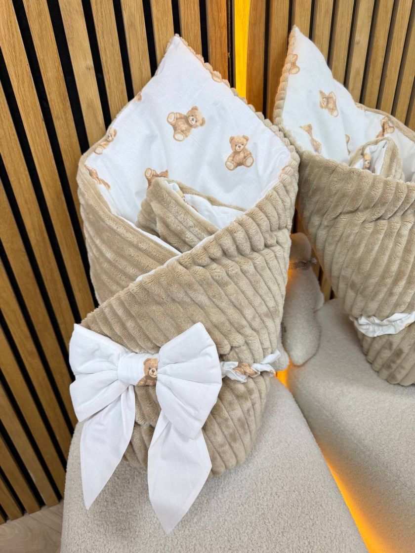 ❤ Конверт-плед на виписку 80 см на 100 см, на блискавці з наповнювачем у чохлі. Принт - Сидячий ведмедик новий, плюш шарпей беж 