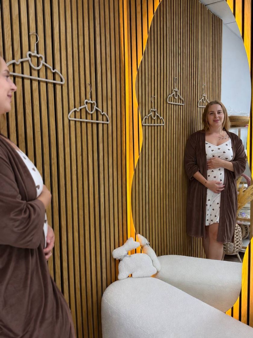 ❤ Набір сорочка та халат для годування "Велюр". Принт - Бежевий, серця беж. Розмір - 44-46 (#28625209) ✓ Anna Konvert