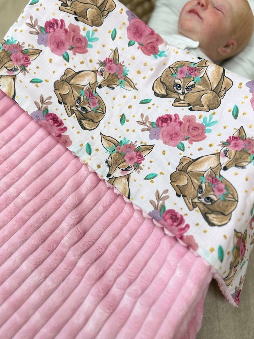 ❤ Плед в пологовий, мінкі плюш, без утеплювача, 100см на 80см. Колір, принт - Плюш смужка рожевий, олені в квітах (#60902860) ✓ 