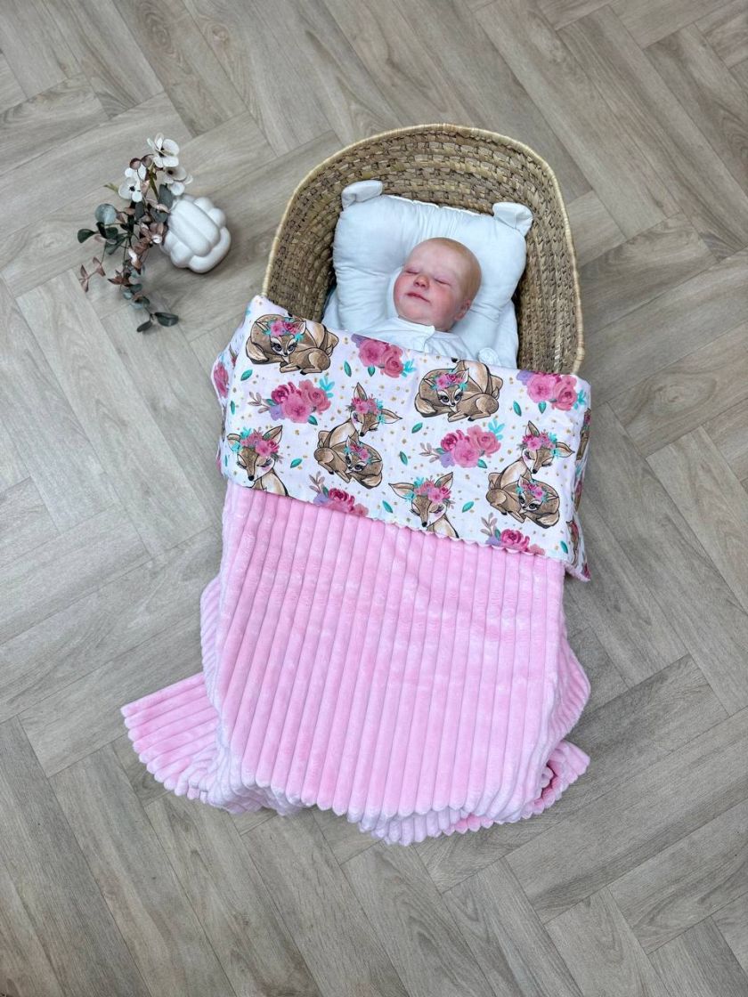 ❤ Плед в пологовий, мінкі плюш, без утеплювача, 100см на 80см. Колір, принт - Плюш смужка рожевий, олені в квітах (#60902860) ✓ 