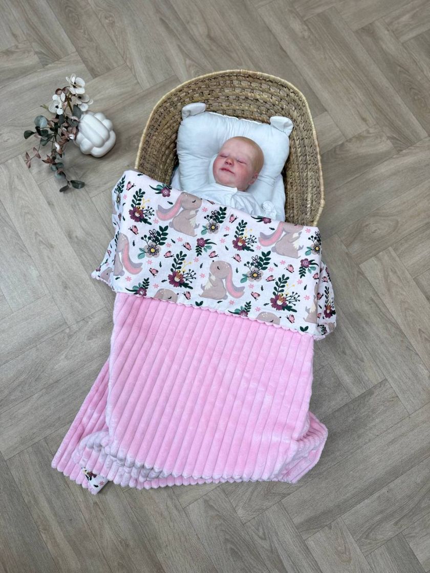 ❤ Плед в пологовий, мінкі плюш, без утеплювача, 100см на 80см. Колір, принт - Плюш смужка рожевий,зайчик,квіти,метелик (#5508996