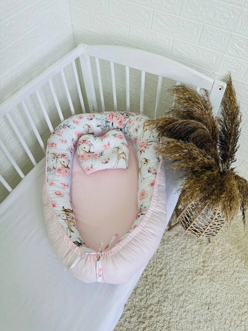 ❤ Кокон-гніздечко з ортопедичною подушкою. Принт - Олені бембі з рожевим однотоном (#58809722) ✓ Anna Konvert