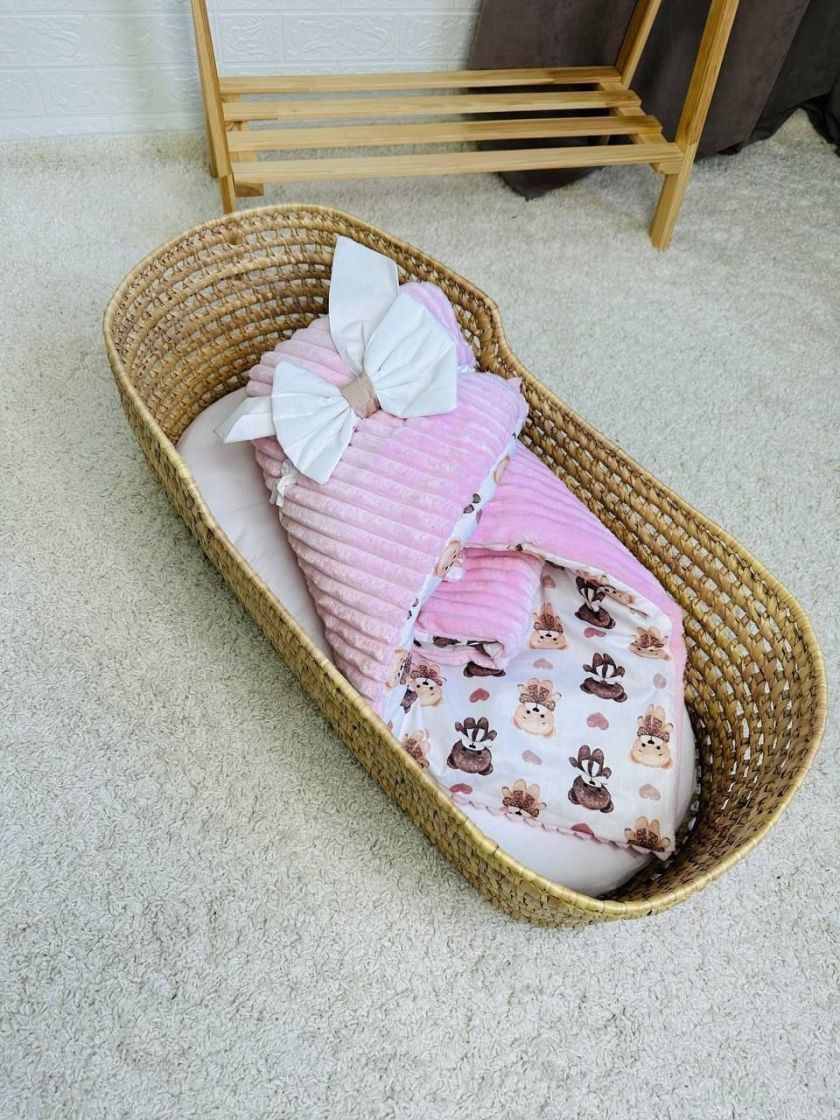 ❤ Конверт-плед на виписку 80 см на 100 см, на блискавці з наповнювачем у чохлі. Принт - Ведмеді з серцями, плюш шарпей рожевий (