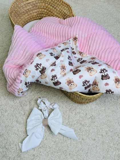 ❤ Конверт-плед на виписку 80 см на 100 см, на блискавці з наповнювачем у чохлі. Принт - Ведмеді з серцями, плюш шарпей рожевий ( 2