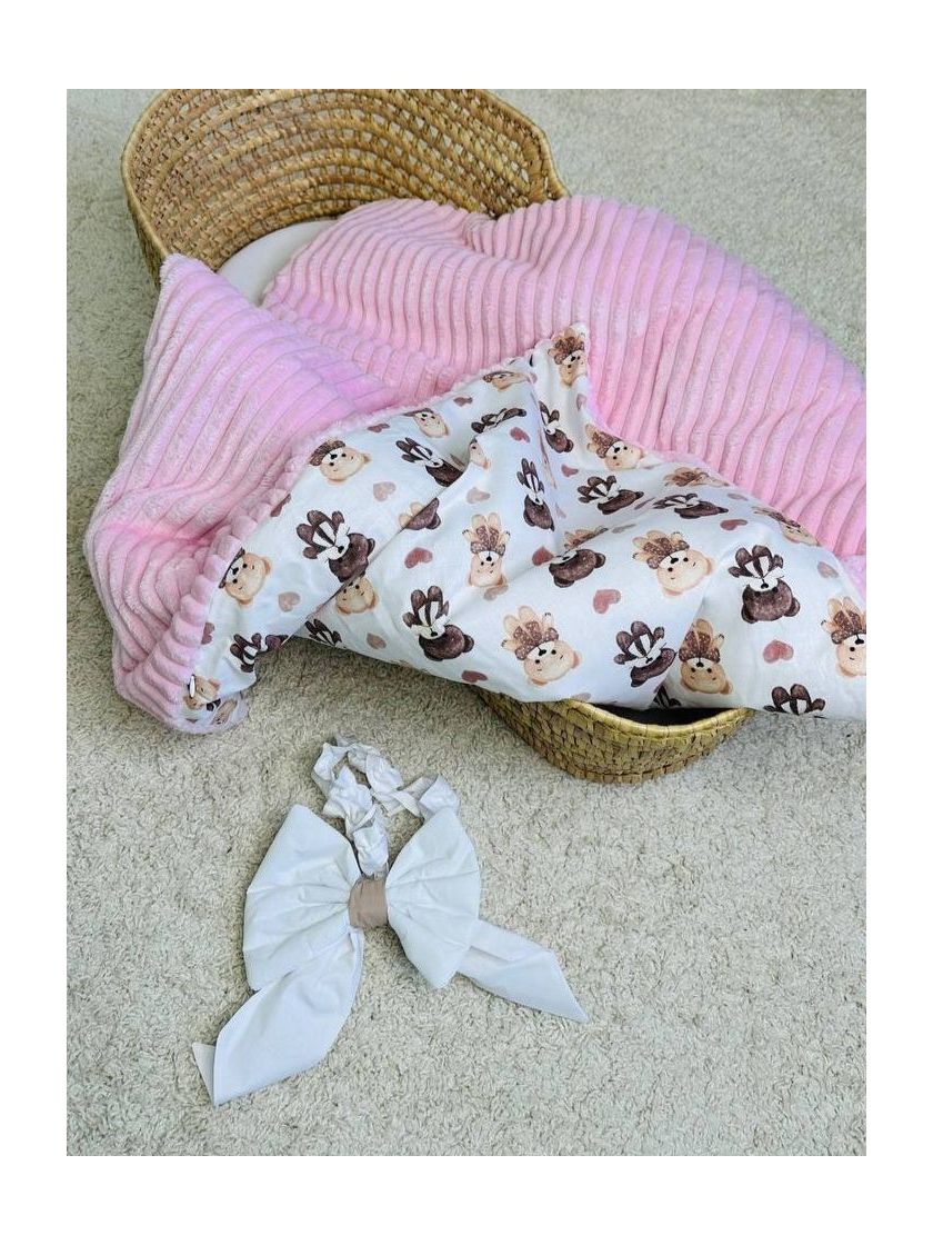 ❤ Конверт-плед на виписку 80 см на 100 см, на блискавці з наповнювачем у чохлі. Принт - Ведмеді з серцями, плюш шарпей рожевий (