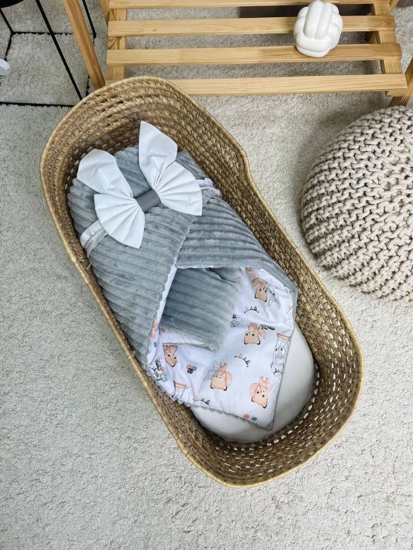 ❤ Конверт-плед на виписку 80 см на 100 см, на блискавці з наповнювачем у чохлі. Принт - Лисенята з кубиками, плюш шарпей сірий (