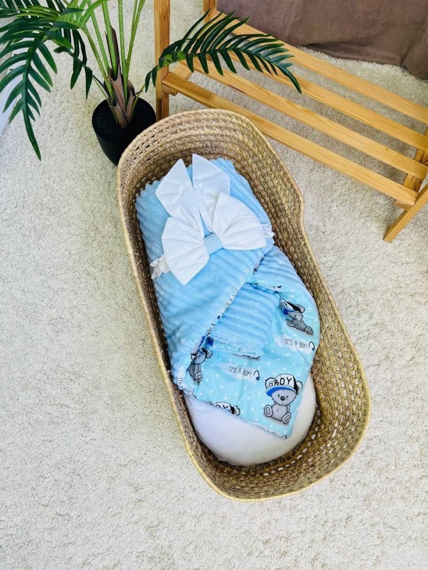 ❤ Конверт-плед на виписку 80 см на 100 см, на блискавці з наповнювачем у чохлі. Принт - Тедді бой, плюш шарпей блакитний (#38490