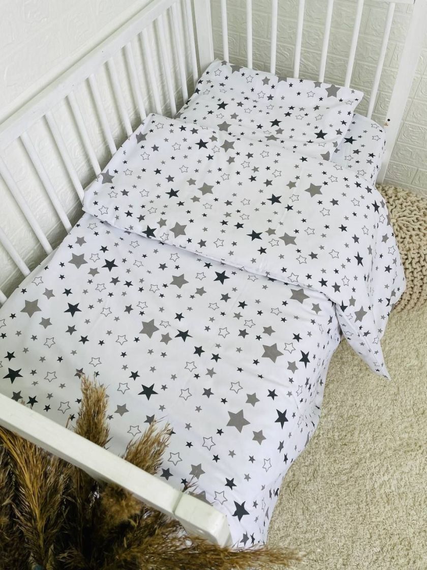❤ Змінна дитяча постіль, розмір підковдри 140 см на 110 см. Принт - Зірки різні сірі на білому (#60413602) ✓ Anna Konvert