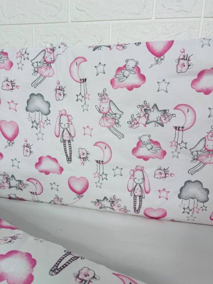 ❤ Бортики-суцільні на 4 боки ліжка, на завʼязках. Принт - Зайка, кулька сердечко рожеве (#96026961) ✓ Anna Konvert 2