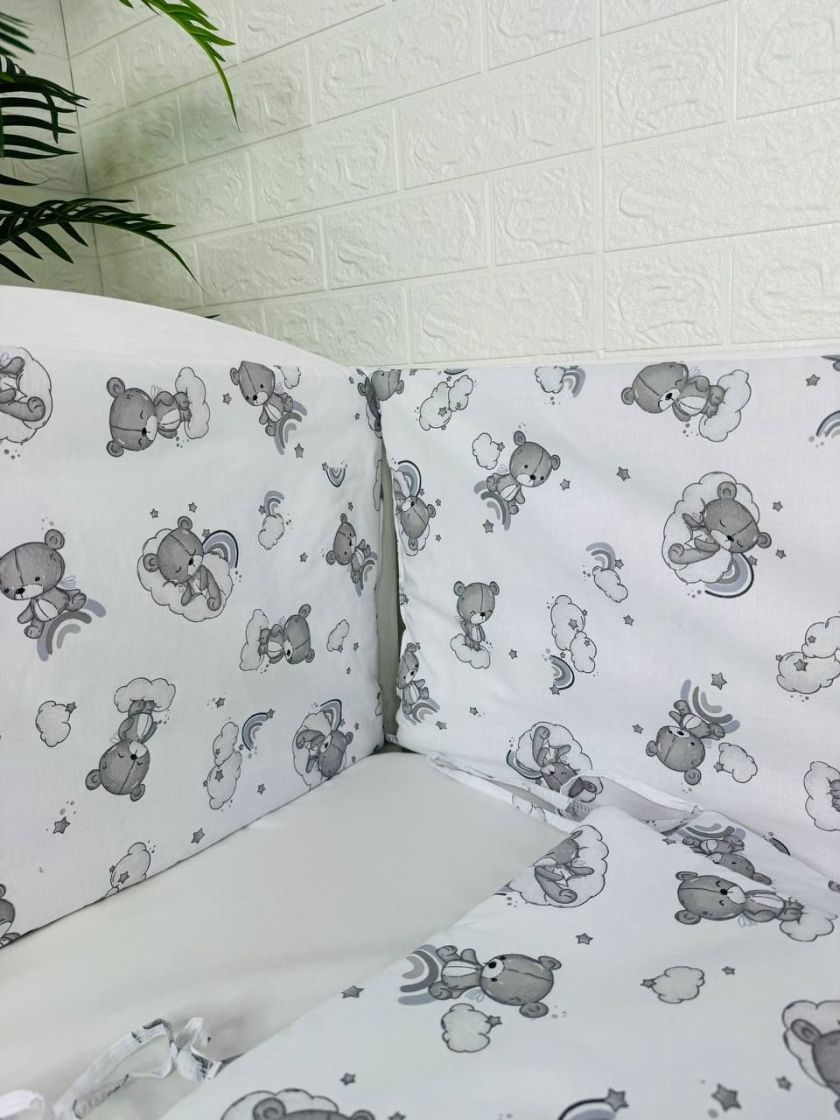 ❤ Бортики-суцільні на 4 боки ліжка, на завʼязках. Принт - Ведмедикі сплячі, невзрачні сірі (#17401360) ✓ Anna Konvert