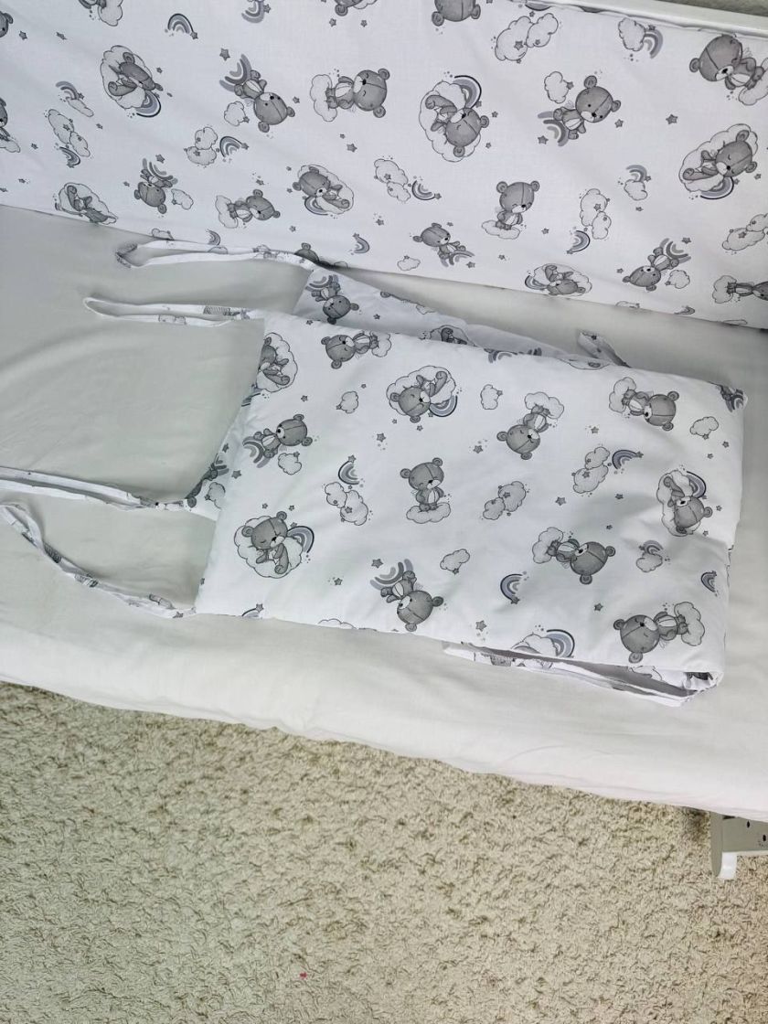 ❤ Бортики-суцільні на 4 боки ліжка, на завʼязках. Принт - Ведмедикі сплячі, невзрачні сірі (#17401360) ✓ Anna Konvert