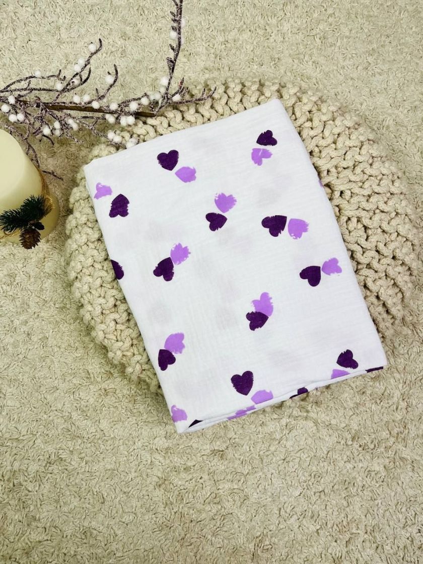 ❤ Пелюшки муслінові чотирьохшарові, жатка. Принт - Серця великі фіолетові. Розмір - 90*135см (#12254801) ✓ Anna Konvert