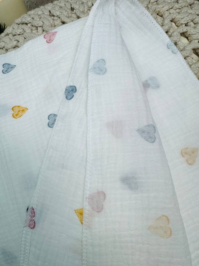 ❤ Пелюшки муслінові чотирьохшарові, жатка. Принт - Сердечка різні, пастельні. Розмір - 90*135см (#57793416) ✓ Anna Konvert