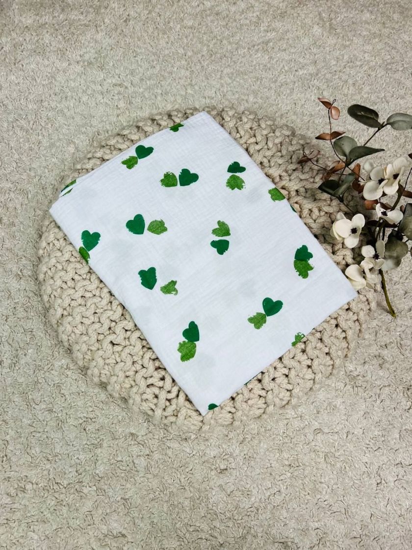 ❤ Пелюшки муслінові чотирьохшарові, жатка. Принт - Сердечка зелені на білому. Розмір - 90*135см (#61552507) ✓ Anna Konvert