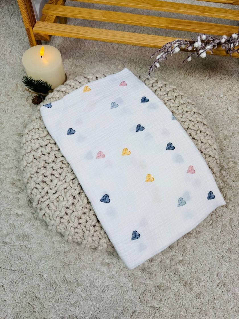 ❤ Пелюшки муслінові чотирьохшарові, жатка. Принт - Сердечка різні, пастельні. Розмір - 70*100см (#39670404) ✓ Anna Konvert