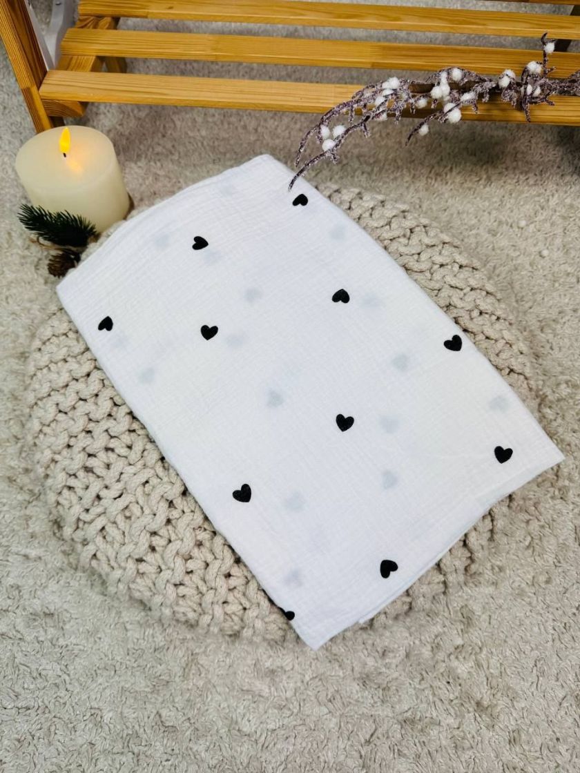 ❤ Пелюшки муслінові чотирьохшарові, жатка. Принт - Сердечка чорні. Розмір - 70*100см (#5711495) ✓ Anna Konvert